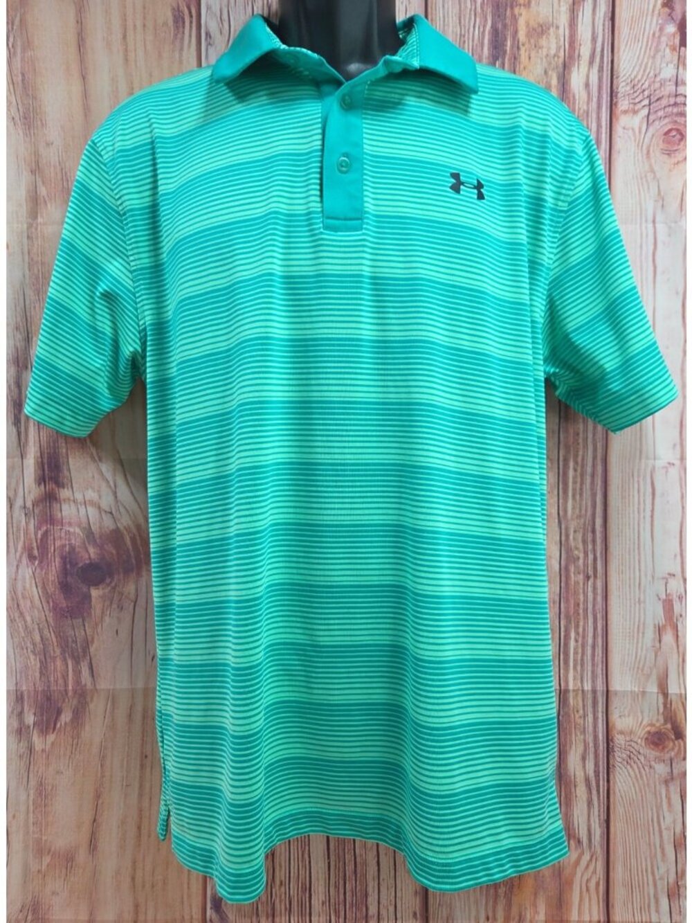 Under Armour Mens HeatGear Polo Large Green Striped Loose Fit